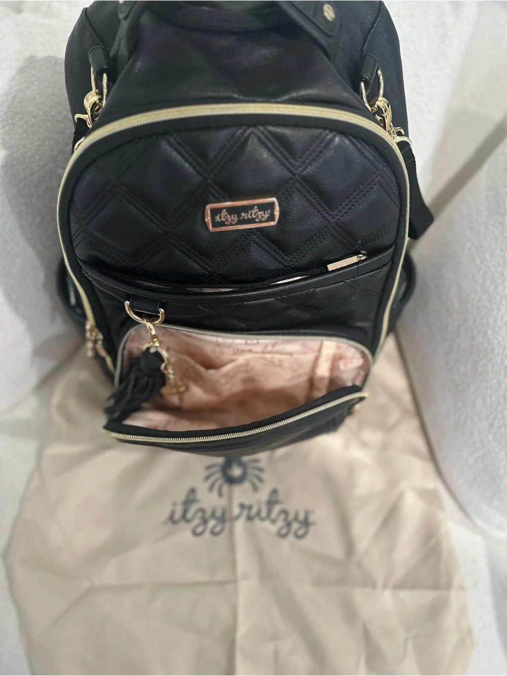 Itzy Ritzy Boss Black Quilted Diaper Bag Backpack Gold Hardware